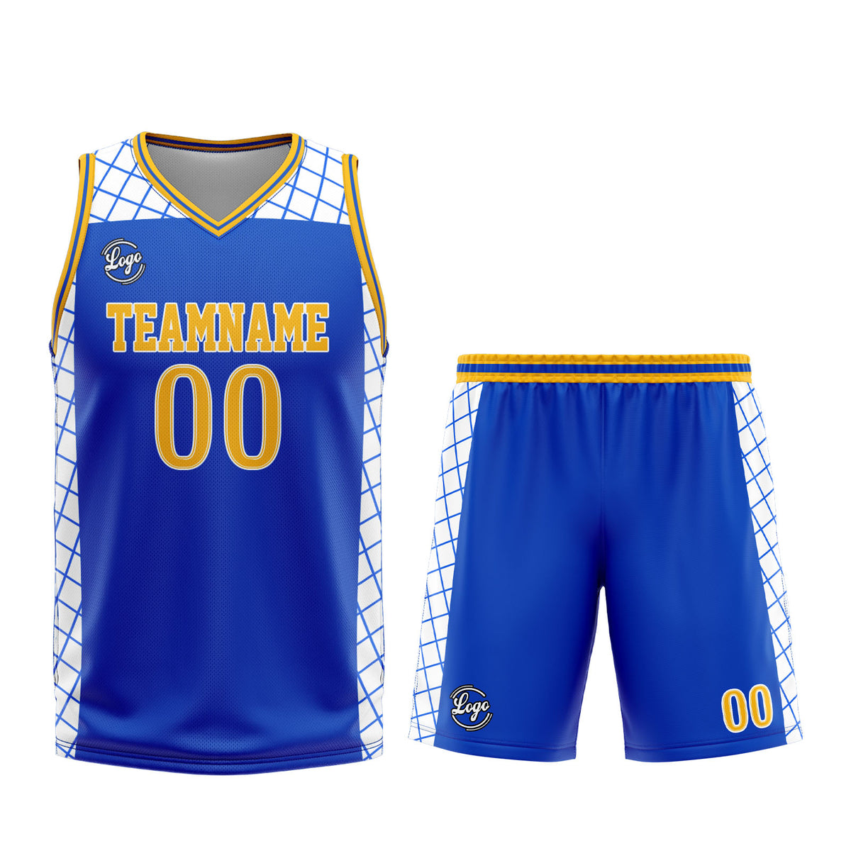 Uniforme de baloncesto personalizado azul y amarillo con tu logotipo-nombre y número impresos