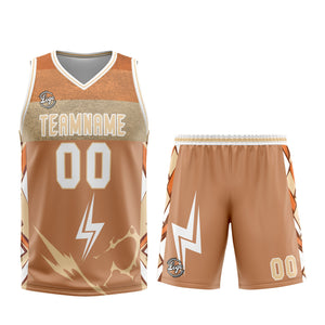 Uniforme de baloncesto personalizado en marrón y blanco con tu logotipo-nombre y número impresos