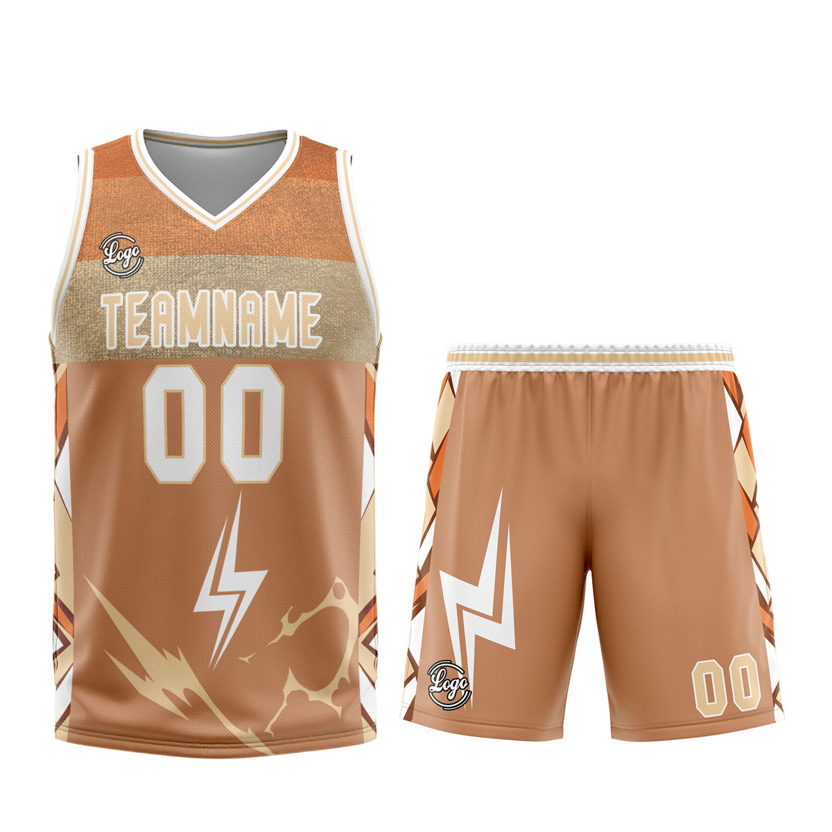 Uniforme de baloncesto personalizado en marrón y blanco con tu logotipo-nombre y número impresos