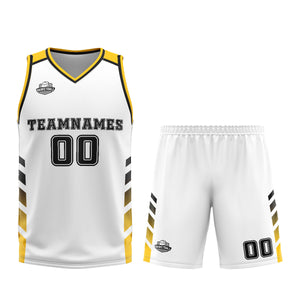 Uniforme de baloncesto personalizado blanco y amarillo con tu logotipo-nombre y número impresos