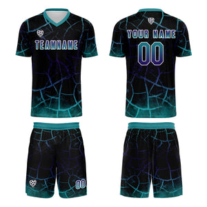 Conjunto personalizado de camiseta de fútbol negra y cian para niños y adultos