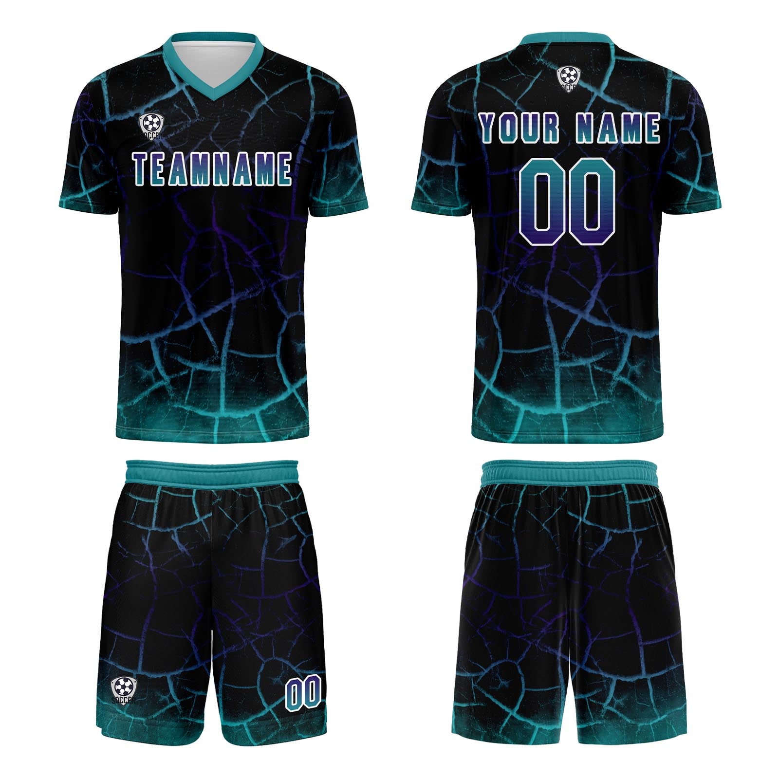 Conjunto personalizado de camiseta de fútbol negra y cian para niños y adultos