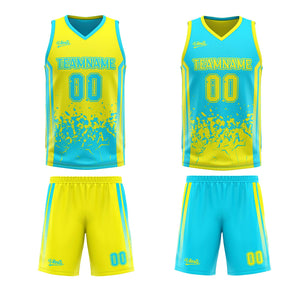 Traje de baloncesto reversible personalizado amarillo claro y azul claro para adultos y niños