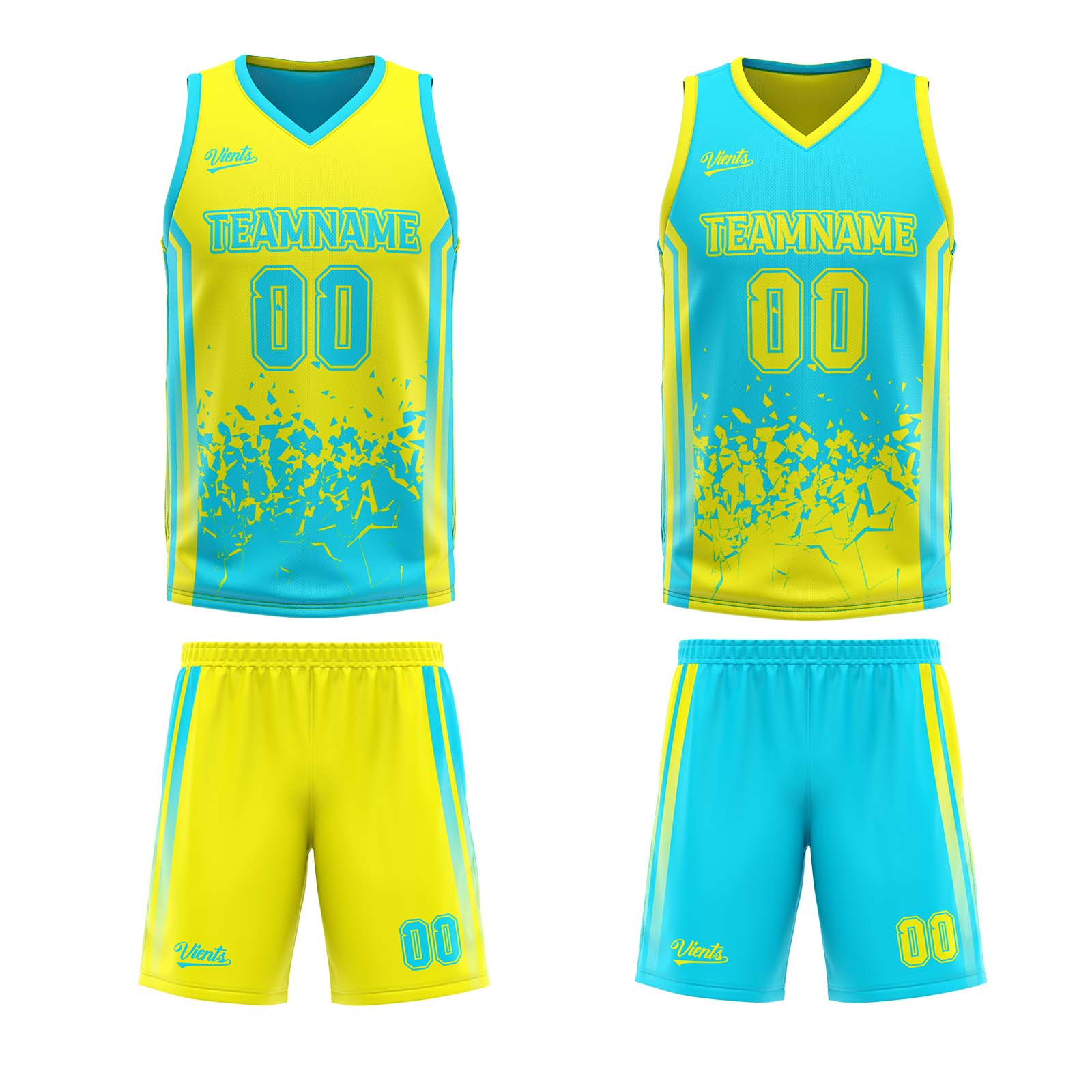 Traje de baloncesto reversible personalizado amarillo claro y azul claro para adultos y niños