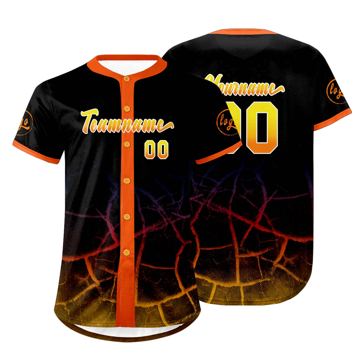 Camiseta de béisbol personalizada negra naranja y amarilla con degradado uniformes de equipo personalizados con nombre y número