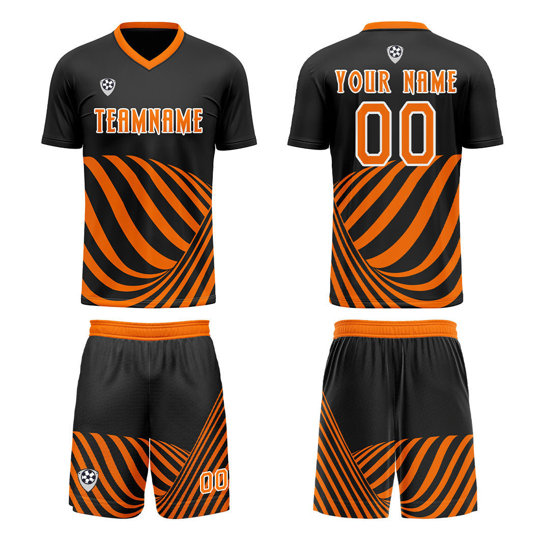 Conjunto personalizado de camiseta de uniforme negra y naranja para niños y adultos