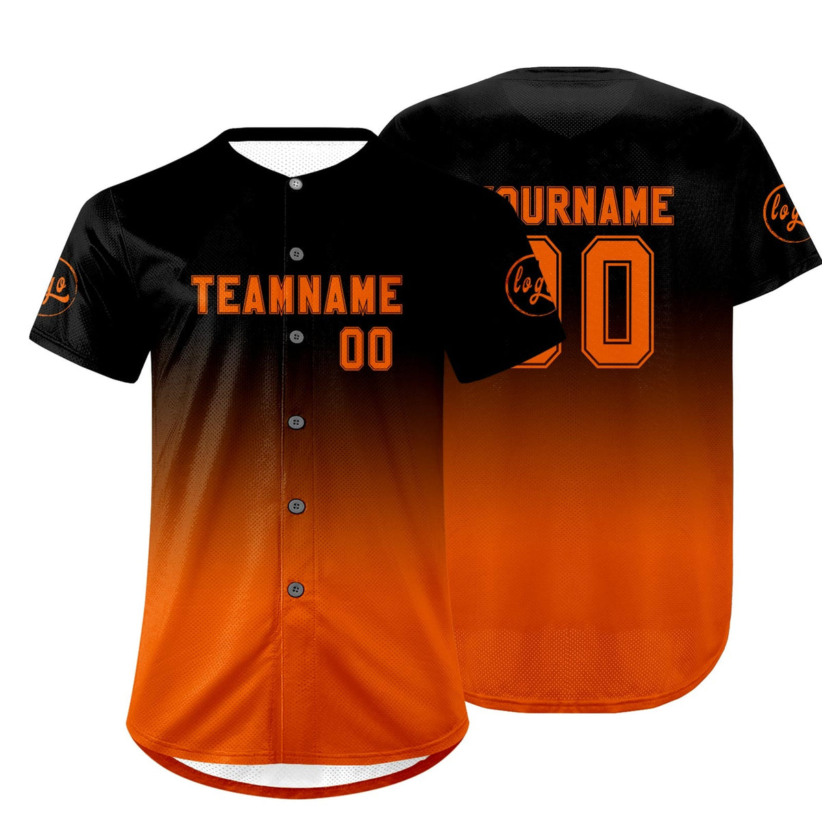Camiseta de béisbol personalizada negra y naranja con degradado uniformes de equipo con nombre y número