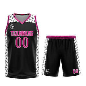 Uniforme de baloncesto personalizado en negro y rosa con tu logotipo-nombre y número impresos
