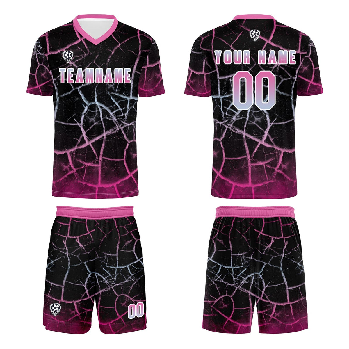 Conjunto personalizado de camiseta de fútbol negra y rosa para niños y adultos