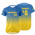 Camiseta de béisbol personalizada azul y amarilla con degradado uniformes de equipo con nombre y número