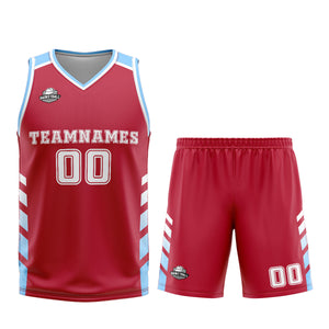 Uniforme de baloncesto personalizado rojo y azul con tu logotipo-nombre y número impresos