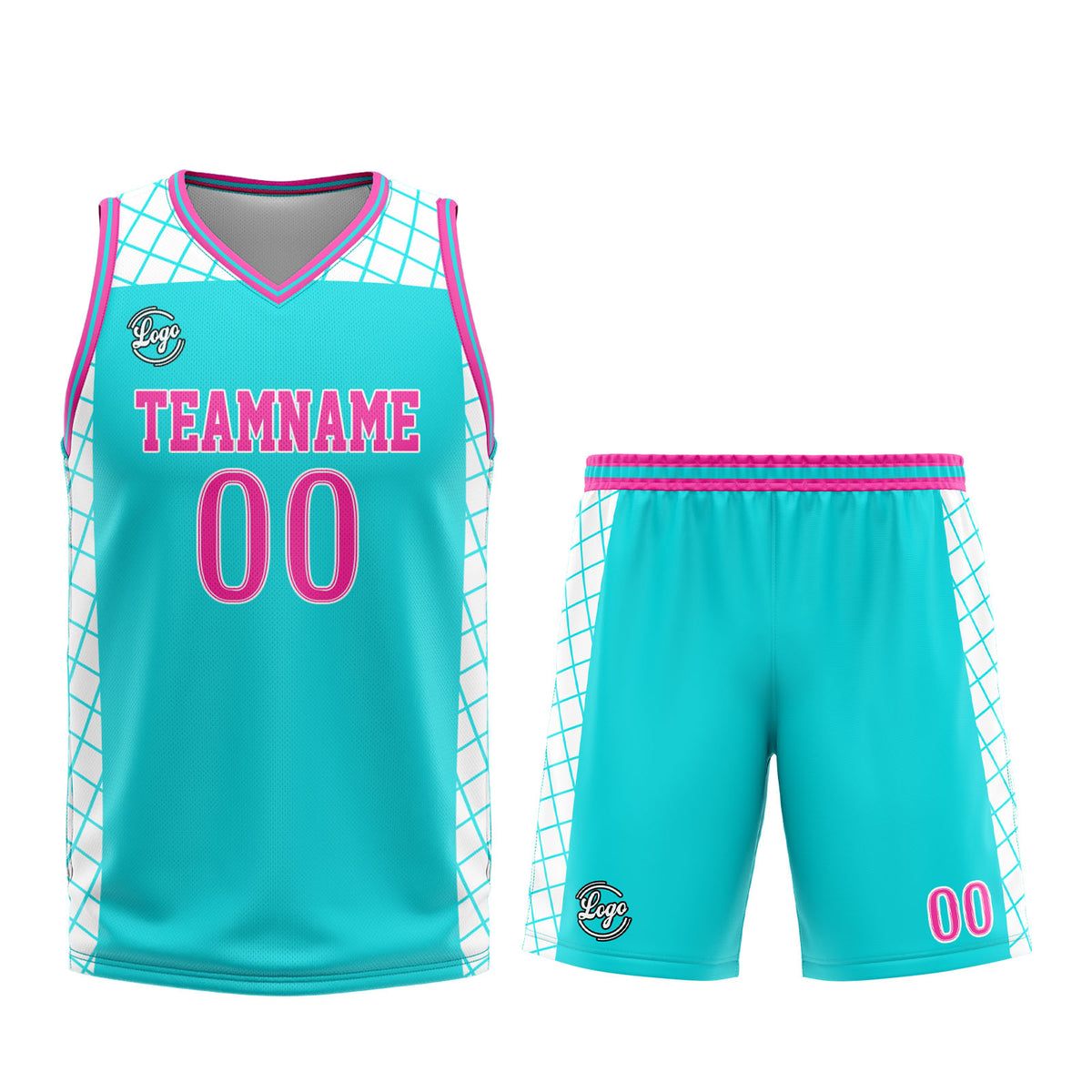 Uniforme de baloncesto rosa cian personalizado con tu logotipo-nombre y número impresos