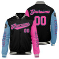 Chaquetas universitarias personalizadas en negro & azul claro y rosa para hombres & mujeres y jóvenes & Chaquetas Letterman personalizadas