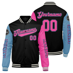 Chaquetas universitarias personalizadas en negro & azul claro y rosa para hombres & mujeres y jóvenes & Chaquetas Letterman personalizadas