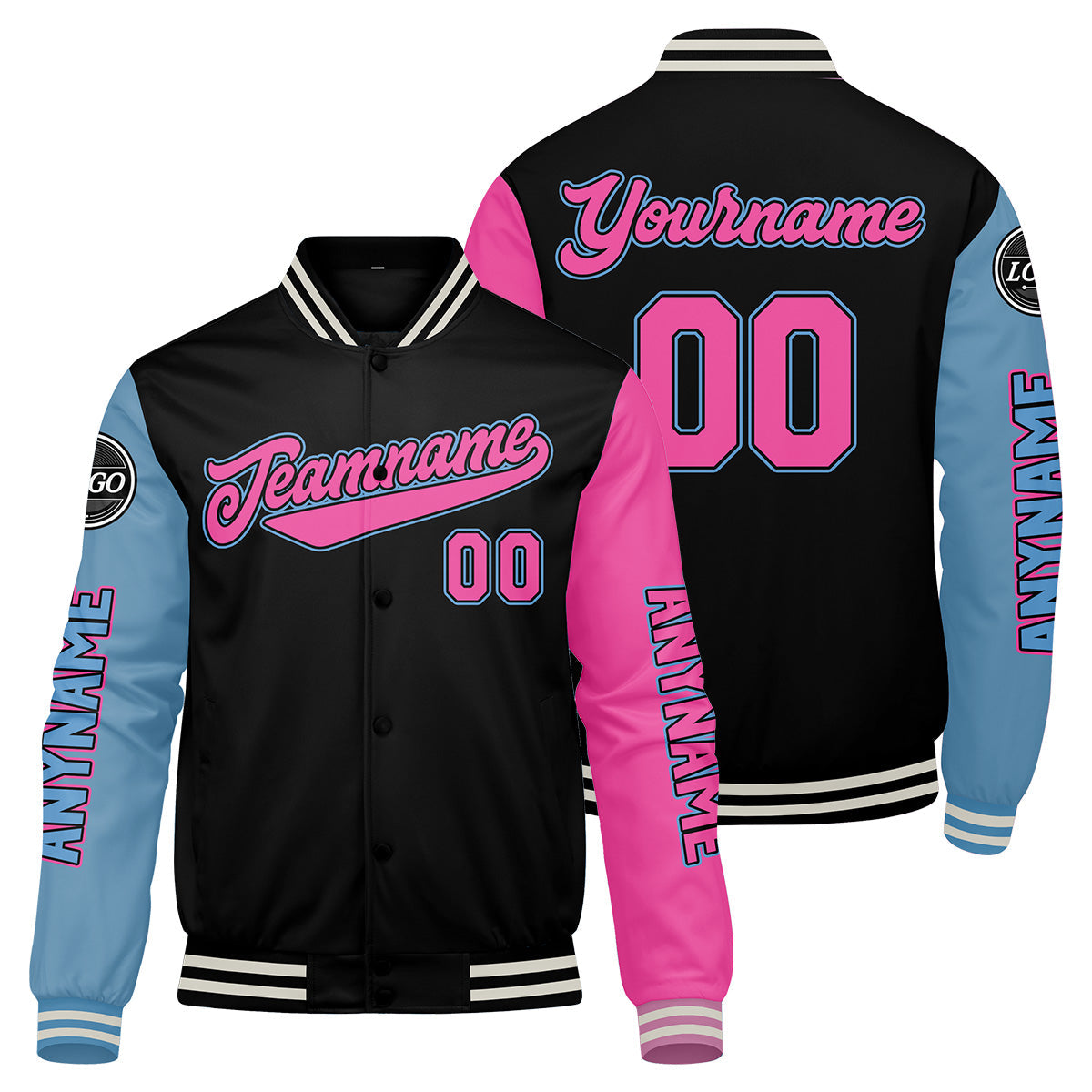 Chaquetas universitarias personalizadas en negro & azul claro y rosa para hombres & mujeres y jóvenes & Chaquetas Letterman personalizadas