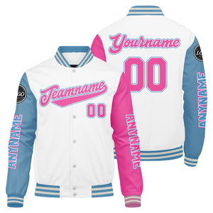 Chaquetas universitarias personalizadas blancas & azul claro y rosa para hombres & mujeres y jóvenes & Chaquetas Letterman personalizadas