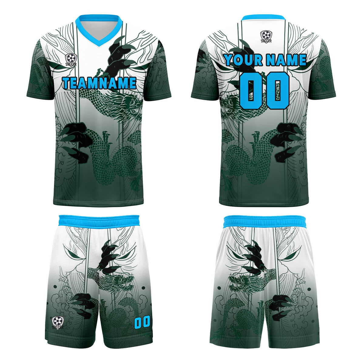 Conjunto personalizado de camiseta y uniforme verde y azul para niños y adultos