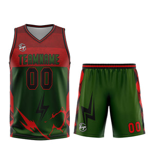 Uniforme de baloncesto personalizado verde y rojo con tu logotipo-nombre y número impresos