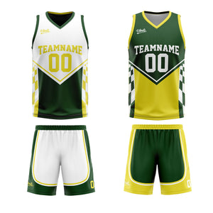 Traje de baloncesto reversible personalizado en verde y amarillo apagado para adultos y niños