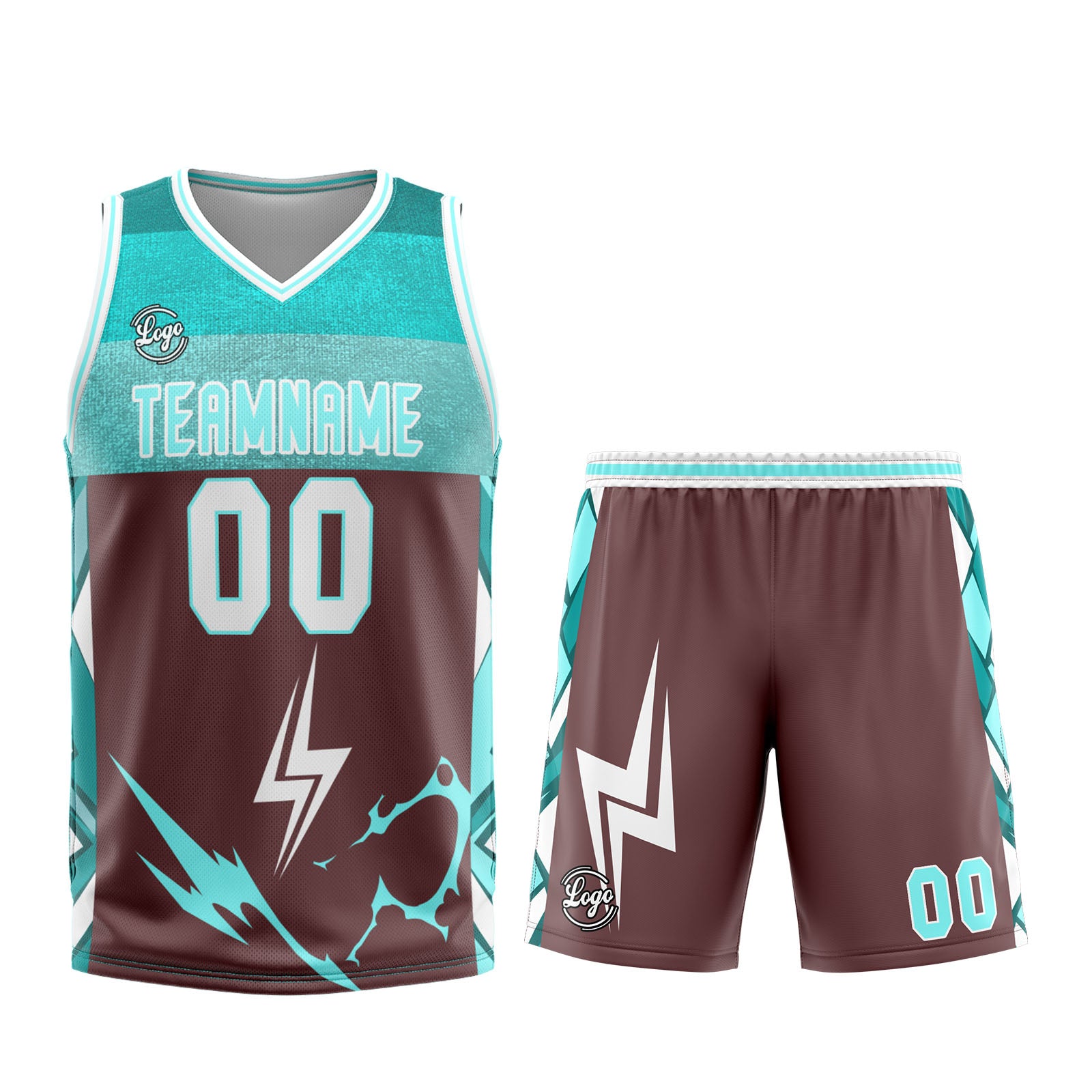 Uniforme de baloncesto personalizado en color marrón cian con tu logotipo-nombre y número impresos