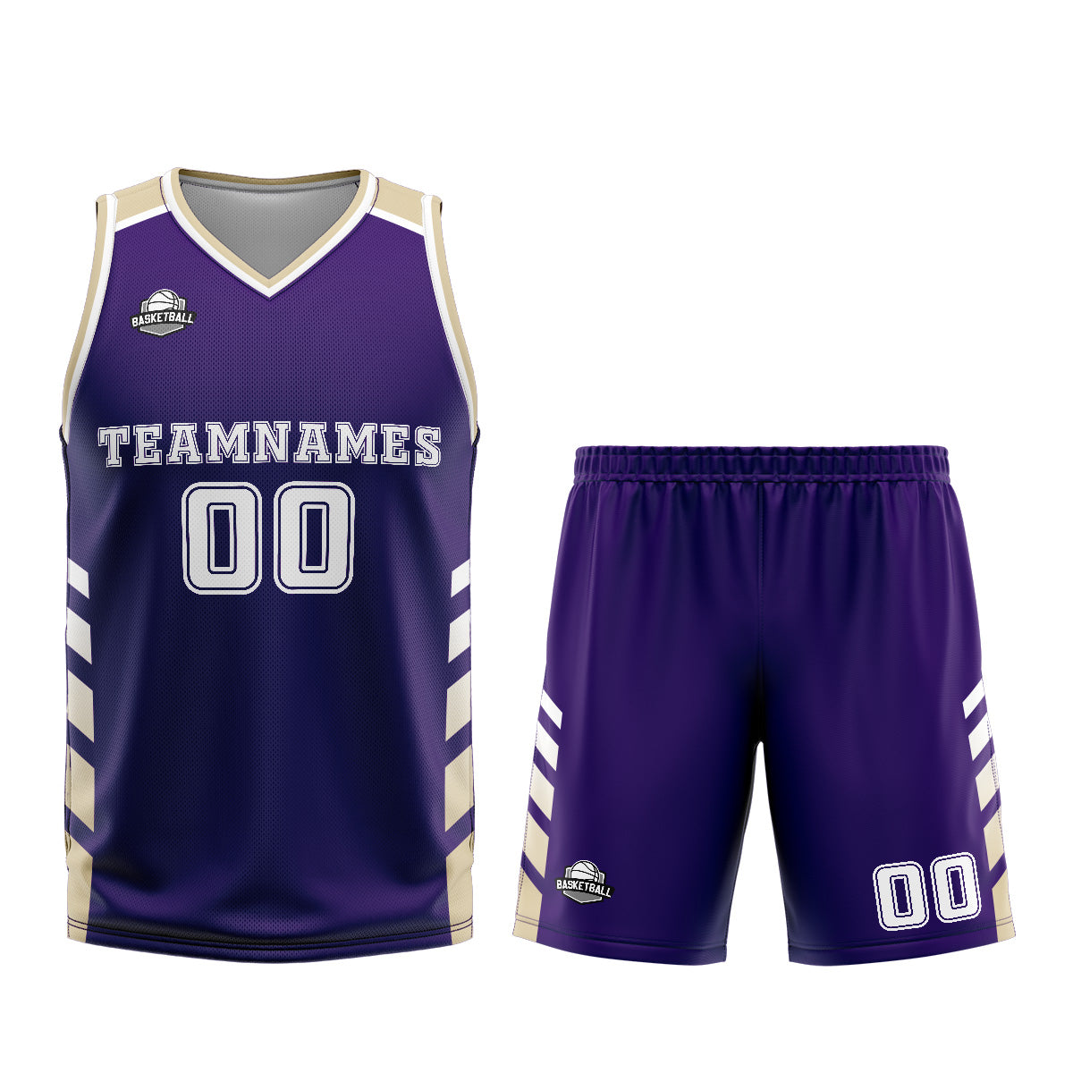 Uniforme de baloncesto personalizado morado y blanco con tu logotipo-nombre y número impresos