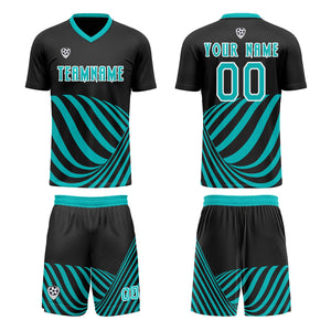 Conjunto personalizado de camiseta de uniforme negra y verde azulada para niños y adultos