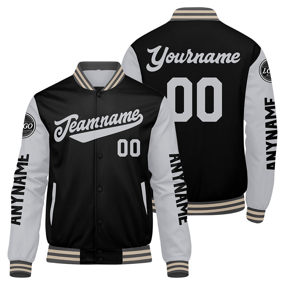 Chaquetas universitarias personalizadas en gris & negro y crema para hombres & mujeres y jóvenes & Chaquetas Letterman personalizadas