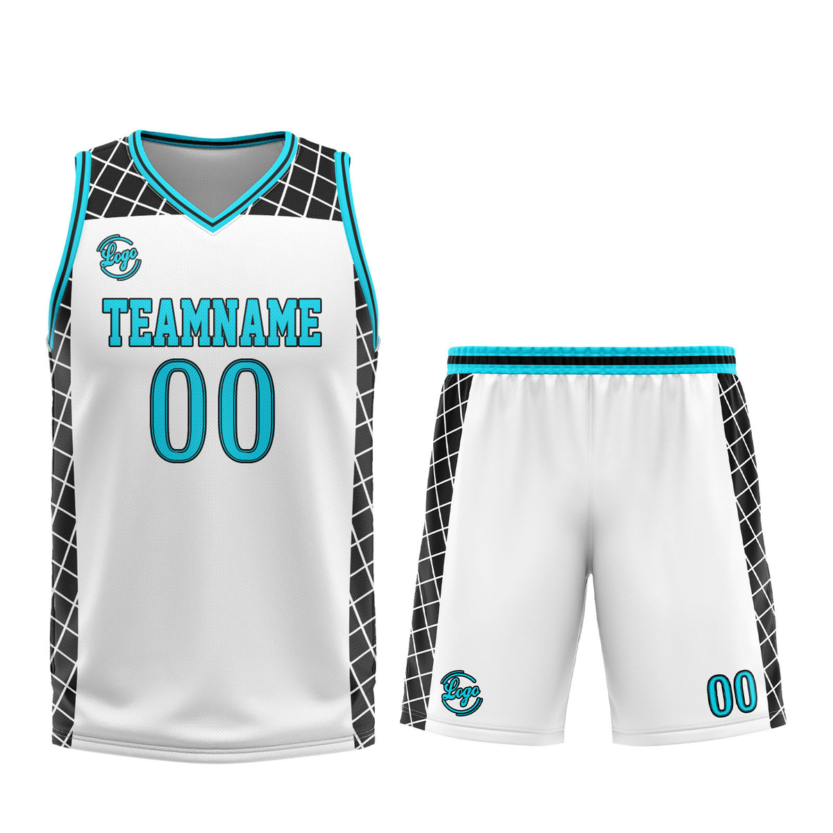 Uniforme de baloncesto personalizado blanco-negro y azul con tu logotipo-nombre y número impresos