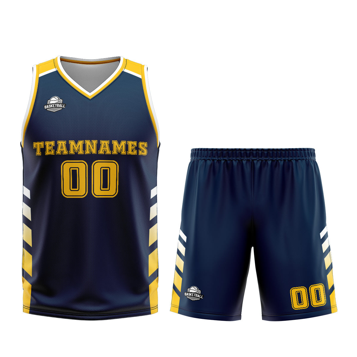 Uniforme de baloncesto personalizado azul marino y amarillo con tu logotipo-nombre y número impresos