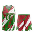 Uniforme de baloncesto personalizado rojo y verde con tu logotipo-nombre y número impresos