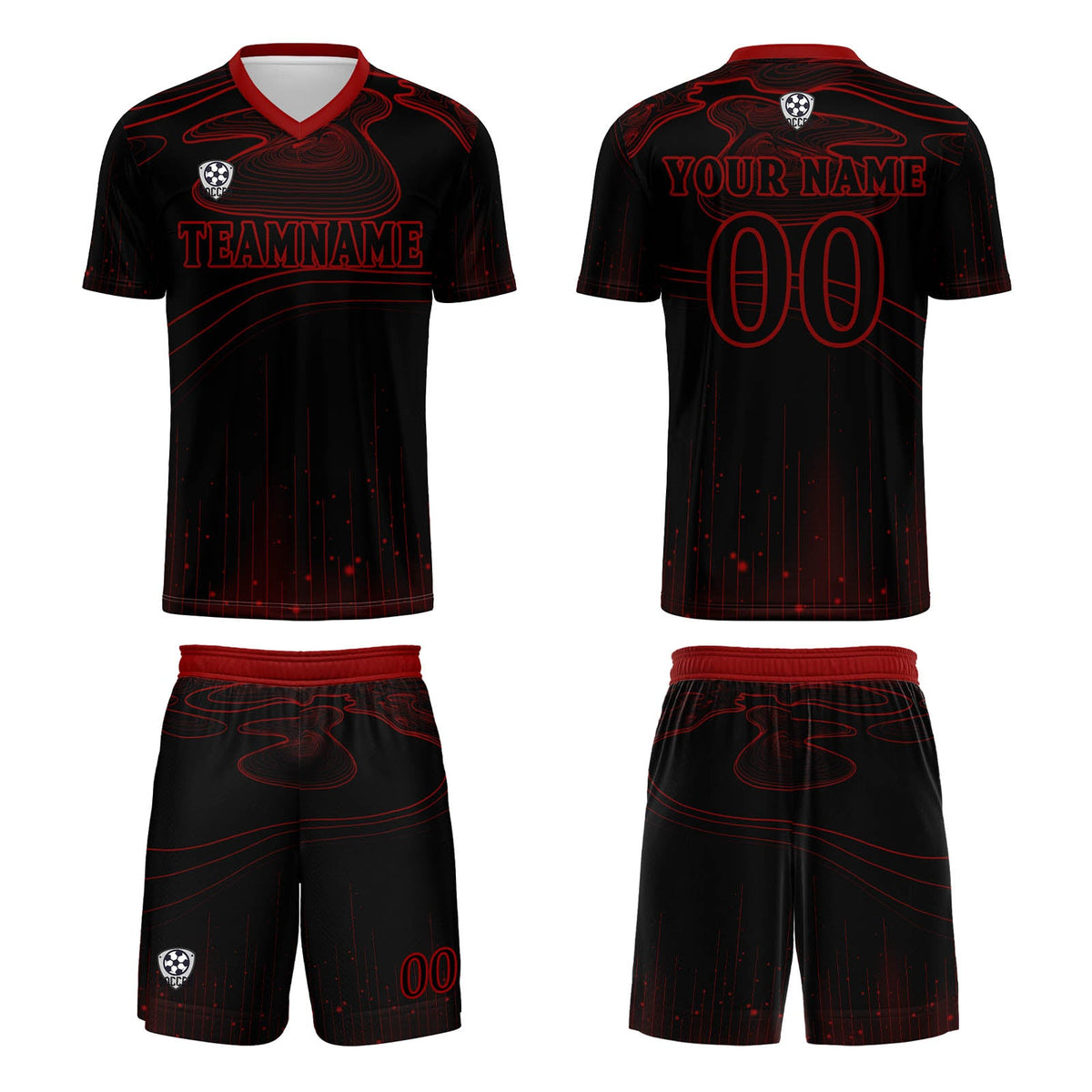 Conjunto personalizado de camiseta de fútbol negra y roja para niños y adultos