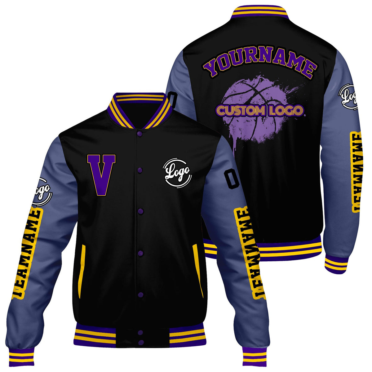 Chaquetas universitarias personalizadas negras y moradas para hombres & mujeres y jóvenes & Chaquetas Letterman personalizadas