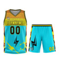 Uniforme de baloncesto personalizado azul claro y amarillo con tu logotipo-nombre y número impresos
