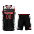 Uniforme de baloncesto personalizado en negro y rojo con tu logotipo-nombre y número impresos