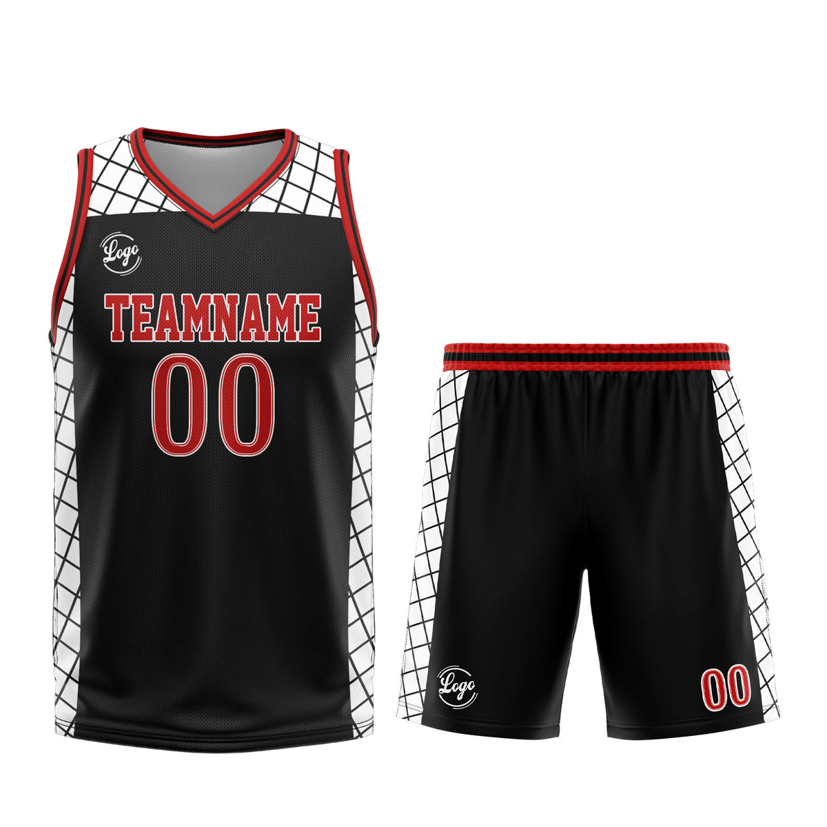 Uniforme de baloncesto personalizado en negro y rojo con tu logotipo-nombre y número impresos