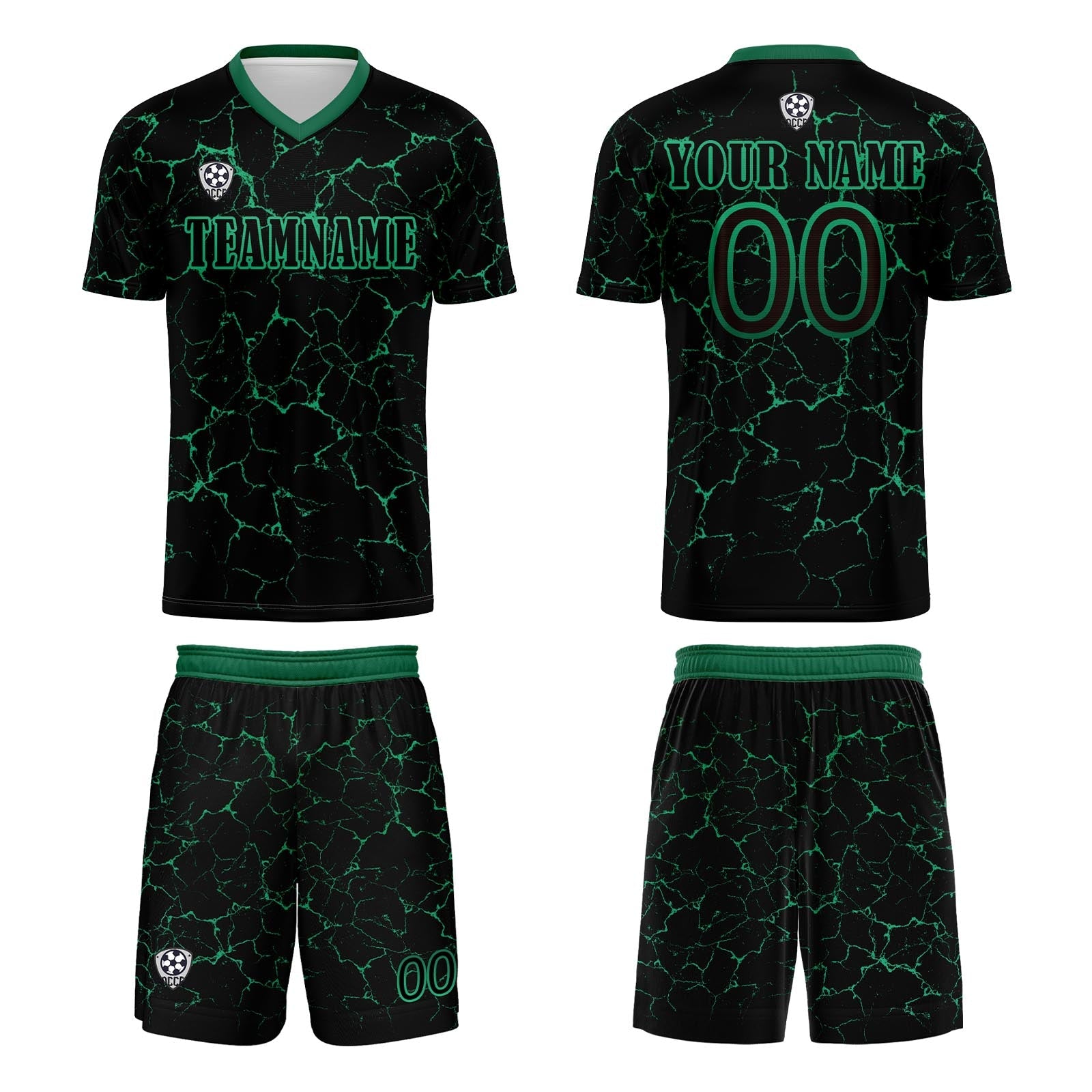 Conjunto personalizado de camiseta de fútbol negra y verde para niños y adultos
