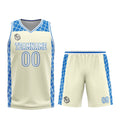 Uniforme de baloncesto personalizado color crema azul con tu logotipo-nombre y número impresos
