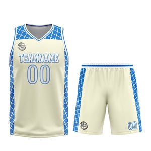 Uniforme de baloncesto personalizado color crema azul con tu logotipo-nombre y número impresos