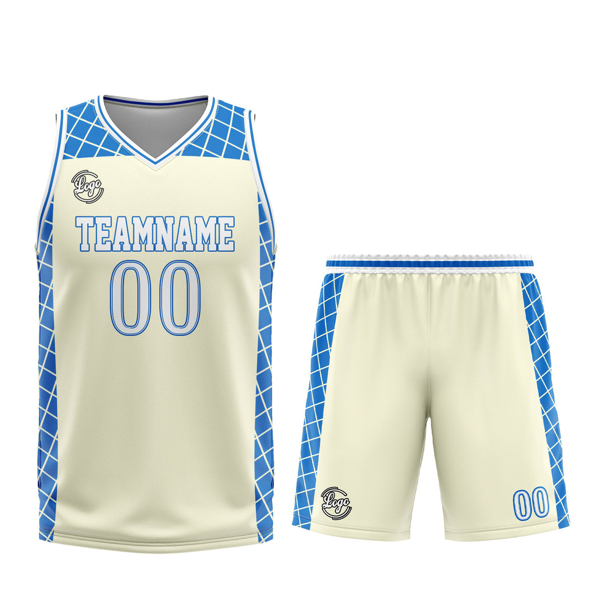 Uniforme de baloncesto personalizado color crema azul con tu logotipo-nombre y número impresos