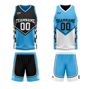 Traje de baloncesto reversible negro y azul personalizado para adultos y niños