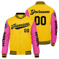 Chaquetas universitarias personalizadas en amarillo & rosa y negro para hombres & mujeres y jóvenes & Chaquetas tipo Letterman personalizadas