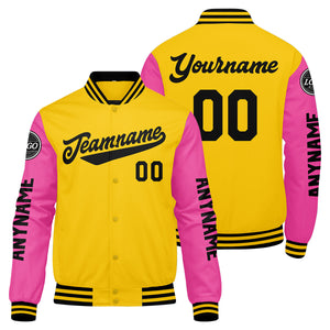 Chaquetas universitarias personalizadas en amarillo & rosa y negro para hombres & mujeres y jóvenes & Chaquetas tipo Letterman personalizadas