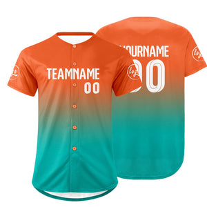 Camiseta de béisbol personalizada naranja y cian con degradado uniformes de equipo personalizados con nombre y número