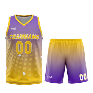 Uniforme de baloncesto personalizado en color morado y amarillo con tu logotipo-nombre y número impresos