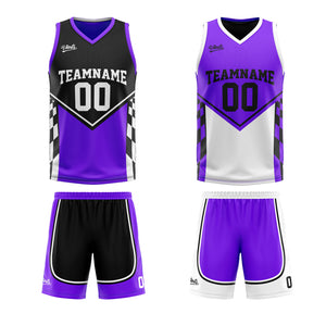 Traje de baloncesto reversible negro y morado personalizado para adultos y niños