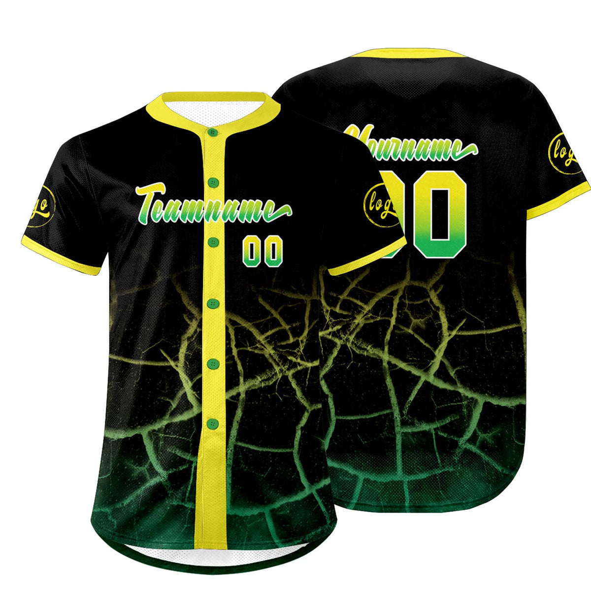 Camiseta de béisbol personalizada negra amarilla y verde con degradado uniformes de equipo personalizados con nombre y número