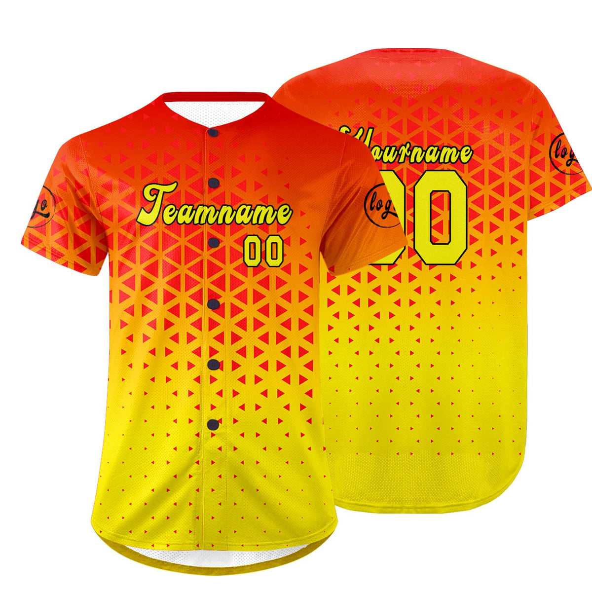 Camiseta de béisbol personalizada roja y amarilla con degradado uniformes de equipo con nombre y número