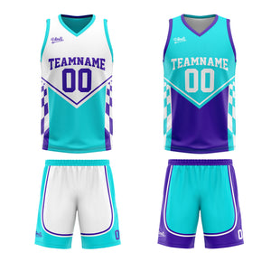 Traje de baloncesto reversible azul claro y morado personalizado para adultos y niños