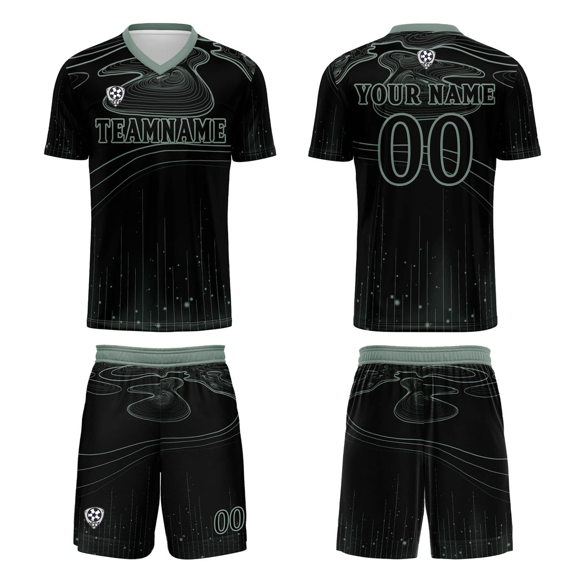 Conjunto personalizado de camiseta de fútbol negra y verde claro para niños y adultos
