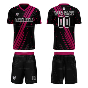Conjunto personalizado de camiseta de uniforme negro y rojo rosa para niños y adultos